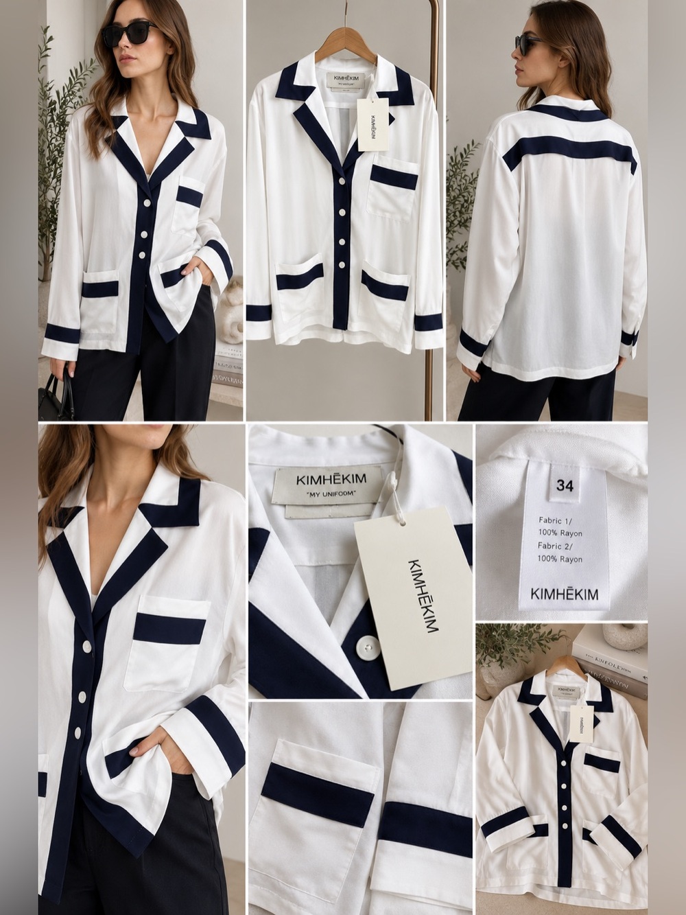 KIMHEKIM TAO Long Sleeve Pajama Shirt White Navy Size 34 NWT